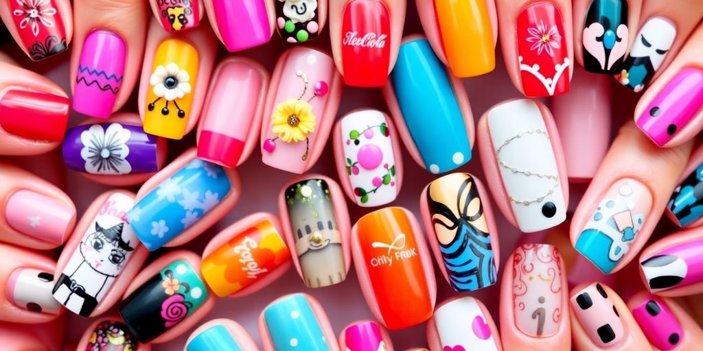 Unhas decoradas com designs coloridos e estilosos.