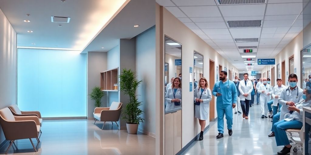 Modern clinic, busy hospital, contrasting healthcare choices