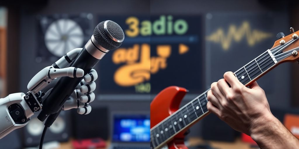 Robotic hand with microphone versus human hand with guitar.