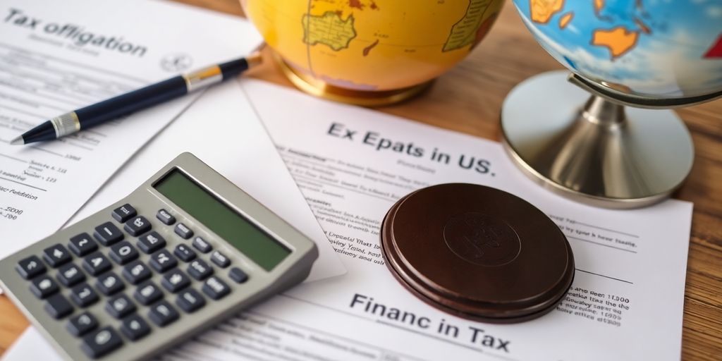 Calculator and tax documents on a wooden table.