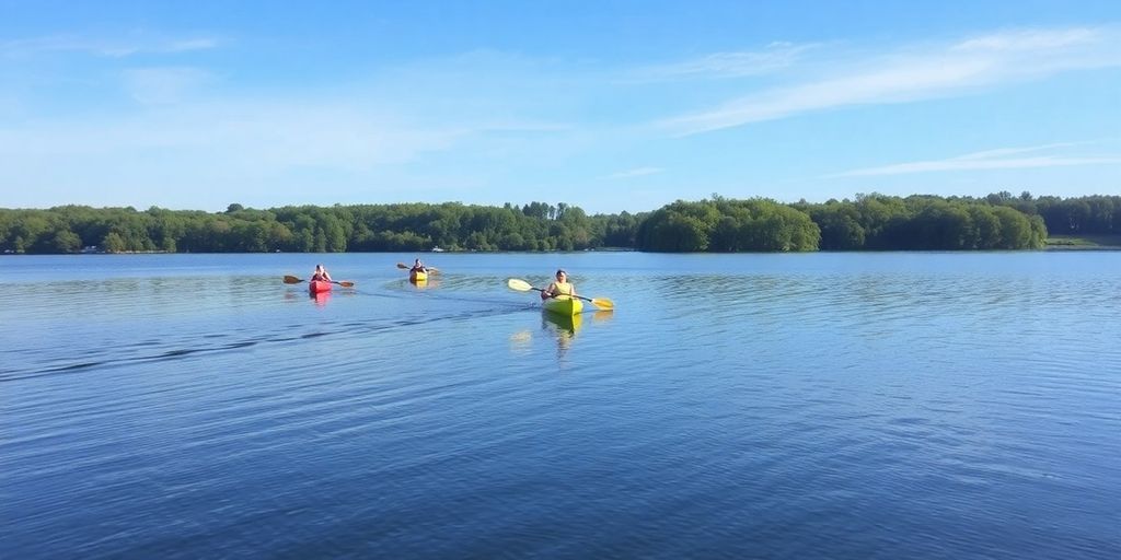 Kayakers paddling on a sunlit lake.