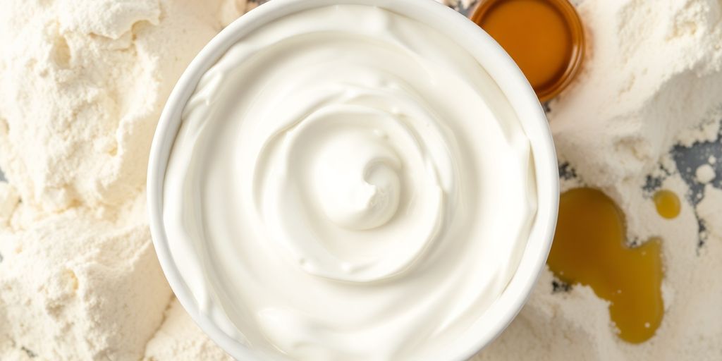 Bowl of Greek yogurt with baking ingredients around it.