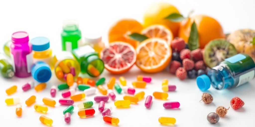 Assorted vitamins, supplements, and fresh fruit on a table.
