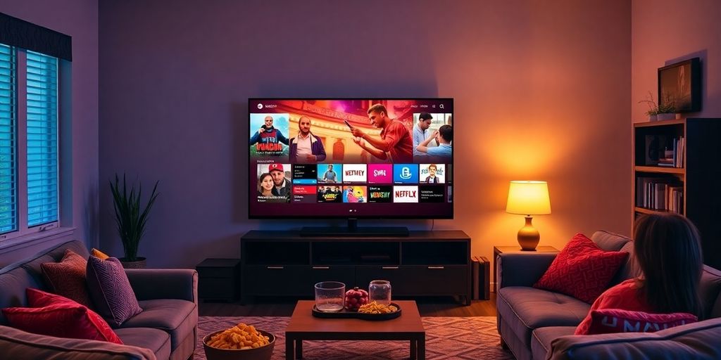 Cozy living room with colorful streaming TV content.