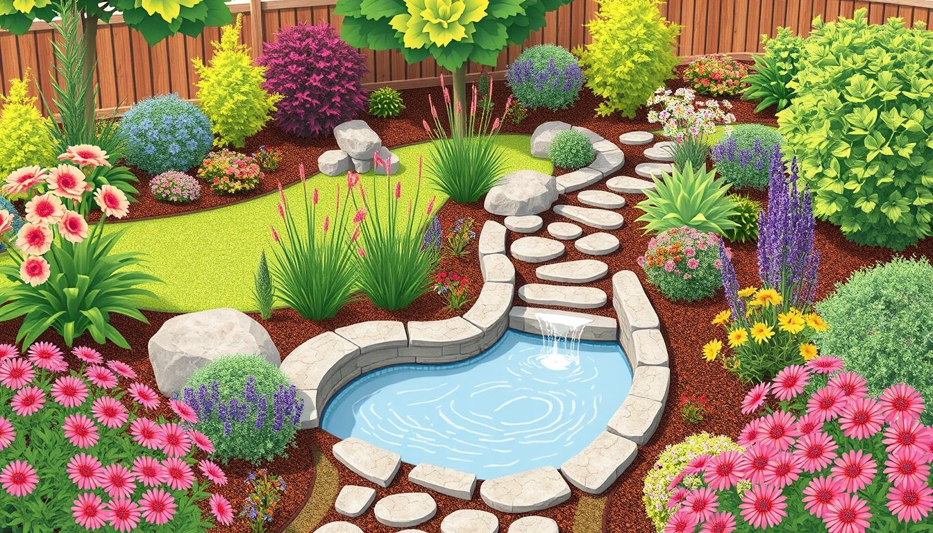 Beautifully landscaped garden with plants and water feature.