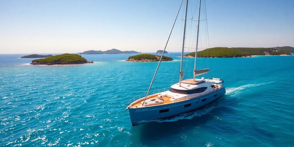Sailing boat in crystal clear Adriatic Sea near Croatian coast.