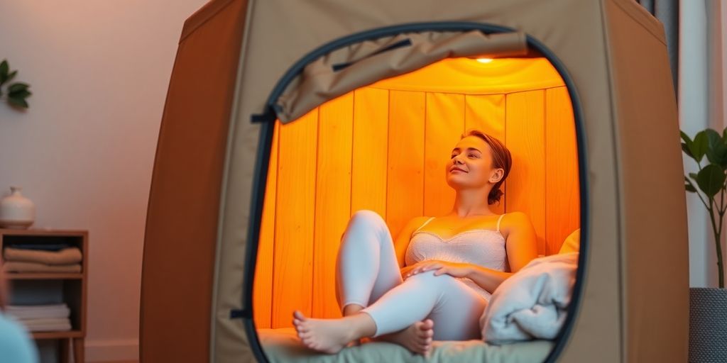 Woman relaxing inside a portable infrared sauna.