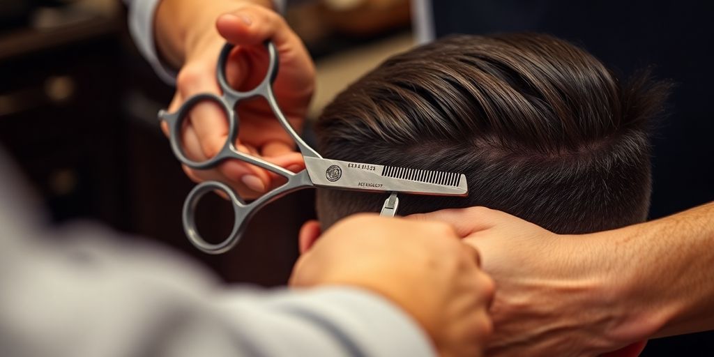 Barber meticulously cutting hair with vintage tools.