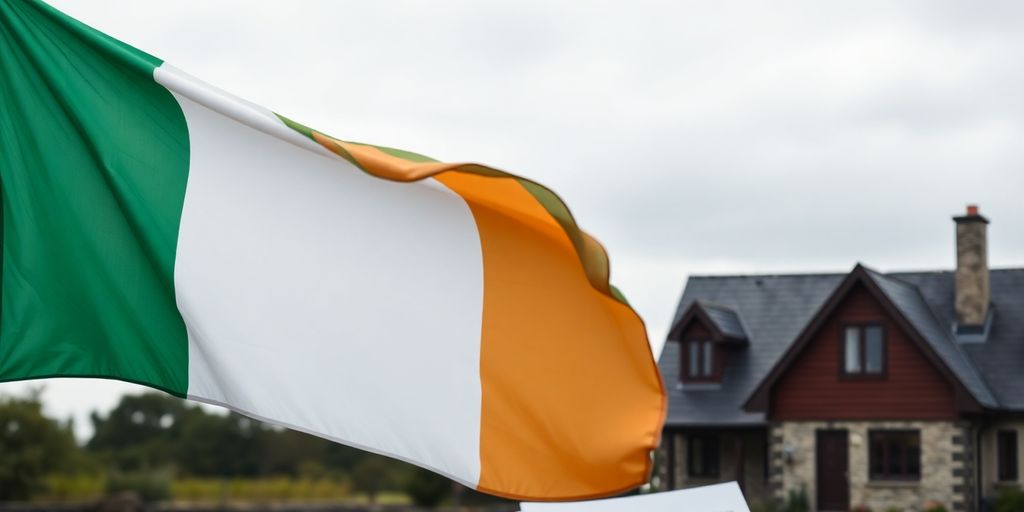 Irish flag beside a house with a loan document.