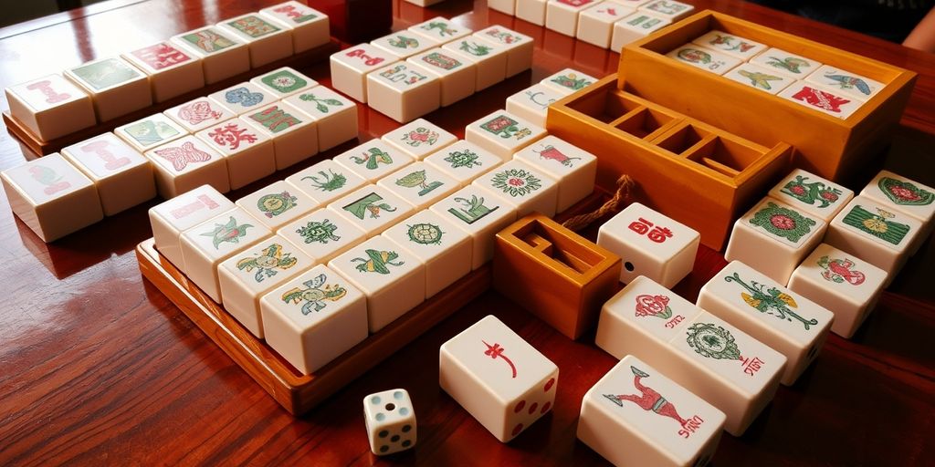 Chinese Mahjong set with tiles and wooden racks