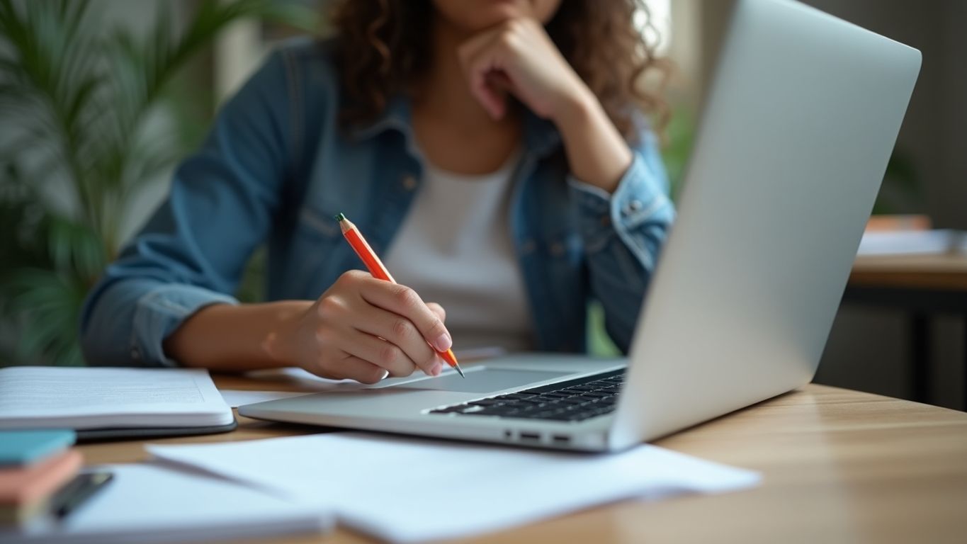 Person working on a laptop with notes around.