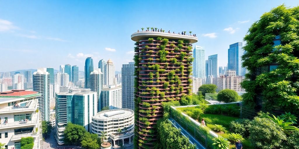 Singapore skyline with green buildings and lush gardens.