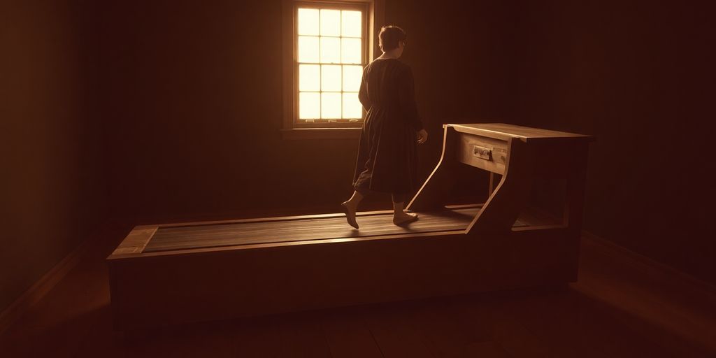 Early treadmill with a person walking.