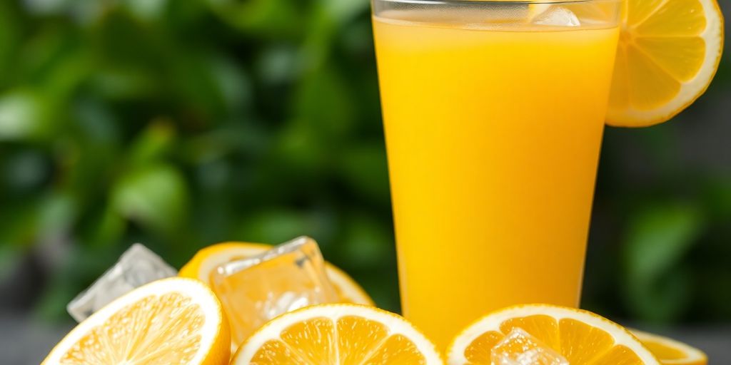 Vibrant yellow drink with lemon slices and ice cubes.