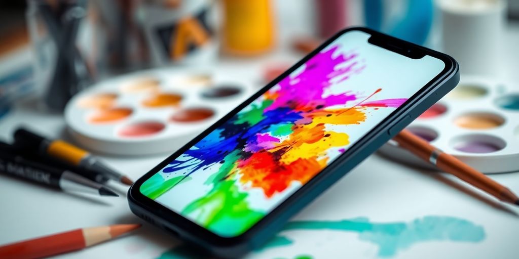 Smartphone with colorful painting on screen and art supplies.