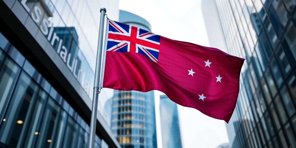 Australian flag waving near modern business buildings.