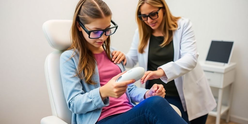 Teen in goggles receives leg laser treatment while parent stands.