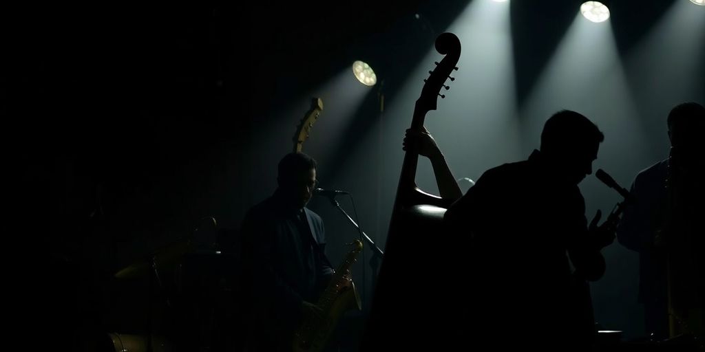 Silhouetted musicians in a dimly lit jazz club.