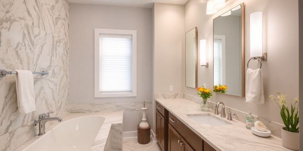 Modern remodeled bathroom with elegant fixtures and tile work.