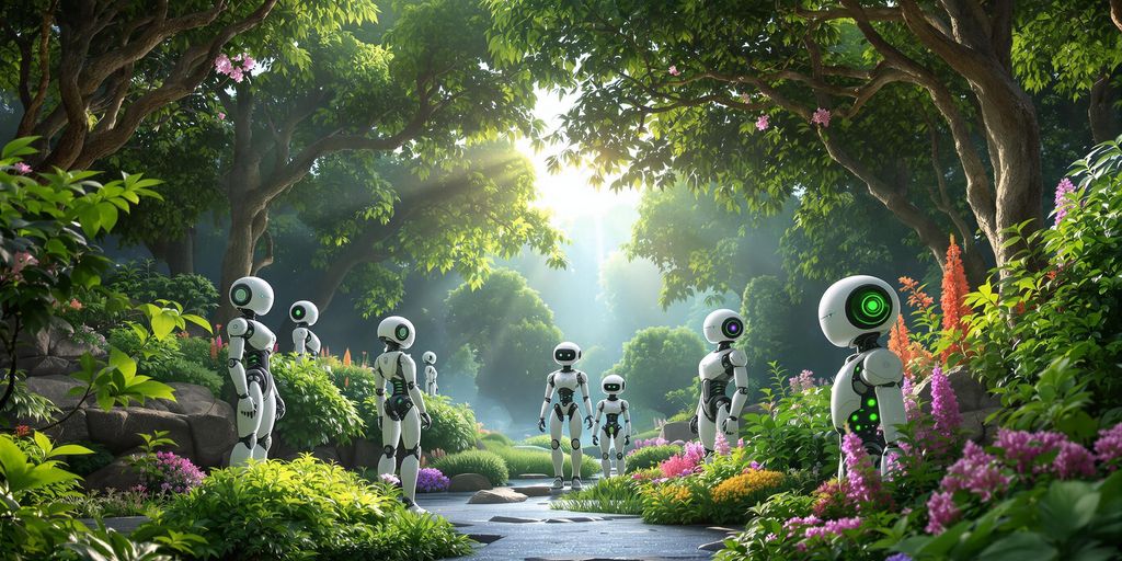 Futuristic robots among lush greenery in a vibrant landscape.