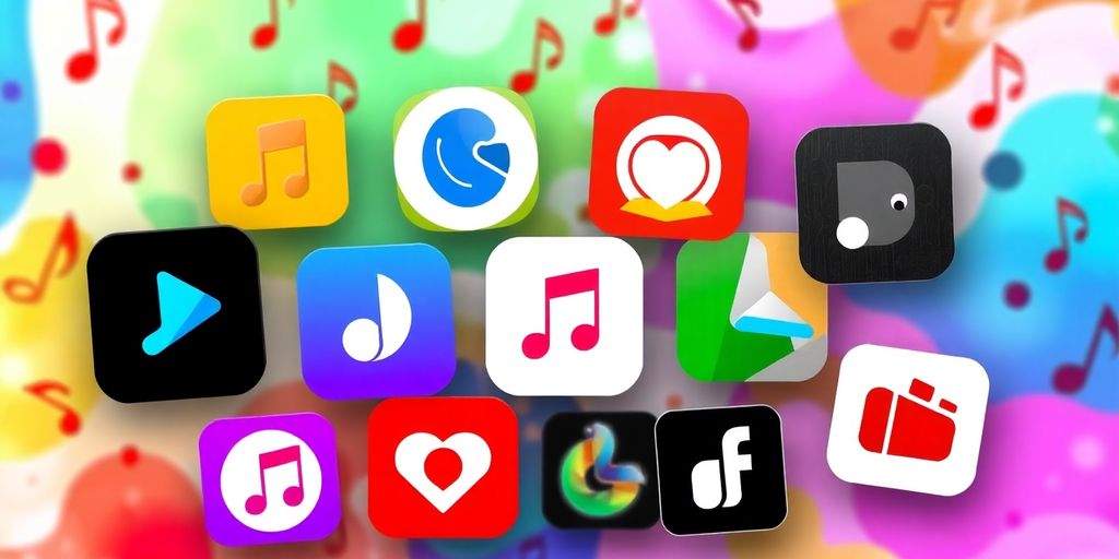 Collage of music app icons on a colorful background.