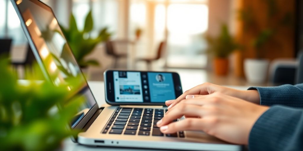 Person managing social media on laptop, smartphone.