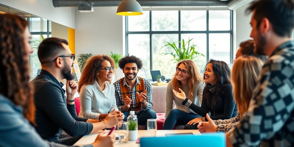 Diverse team collaborating in a bright office setting.
