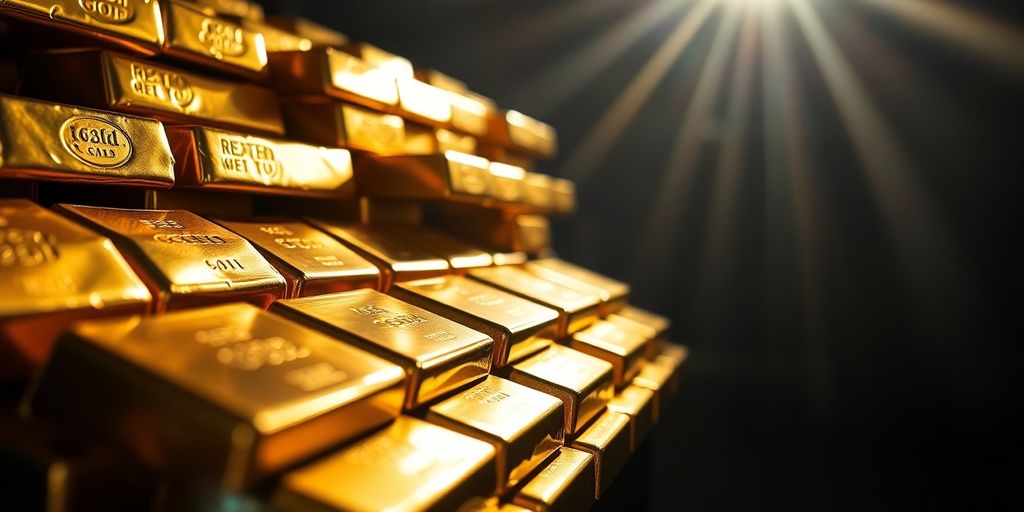 Lingots d'or empilés dans une chambre forte.