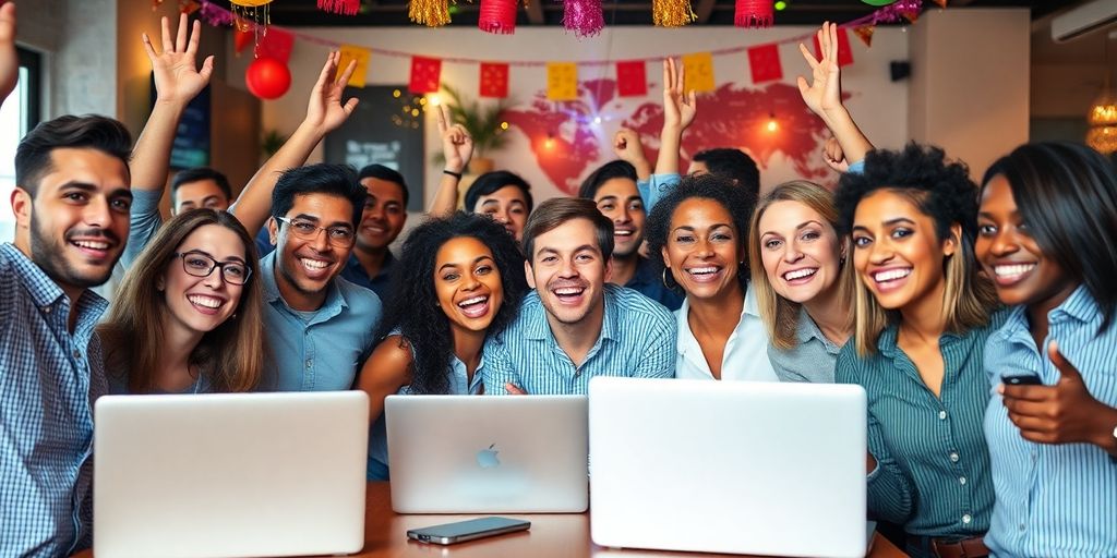 Diverse group celebrating with laptops in a festive setting.