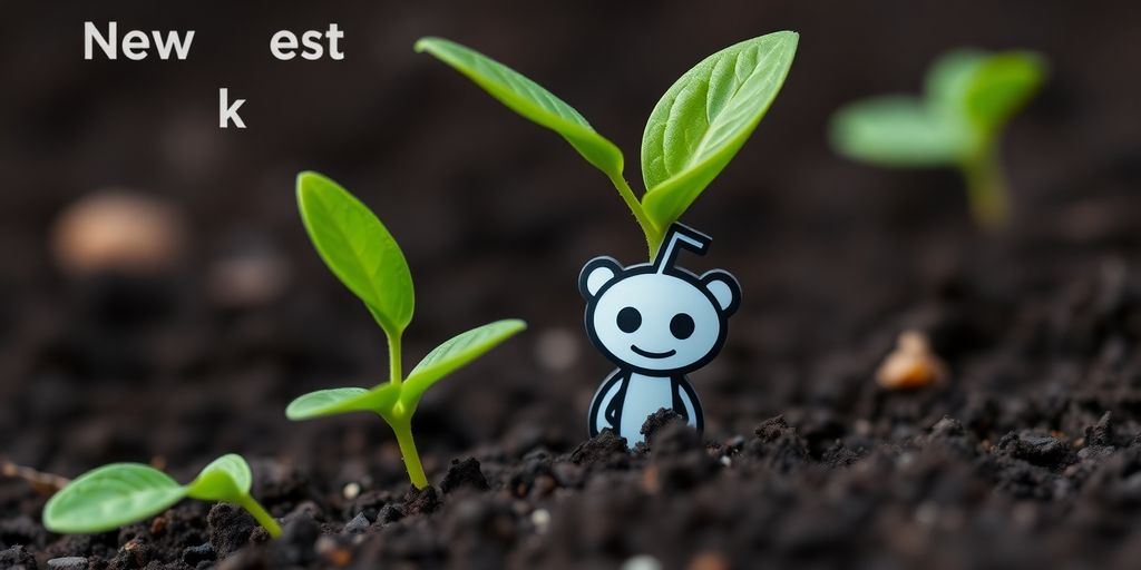 Reddit logo beside a growing plant in a pot.