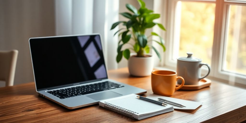 Imagem de um espaço de trabalho aconchegante em casa.