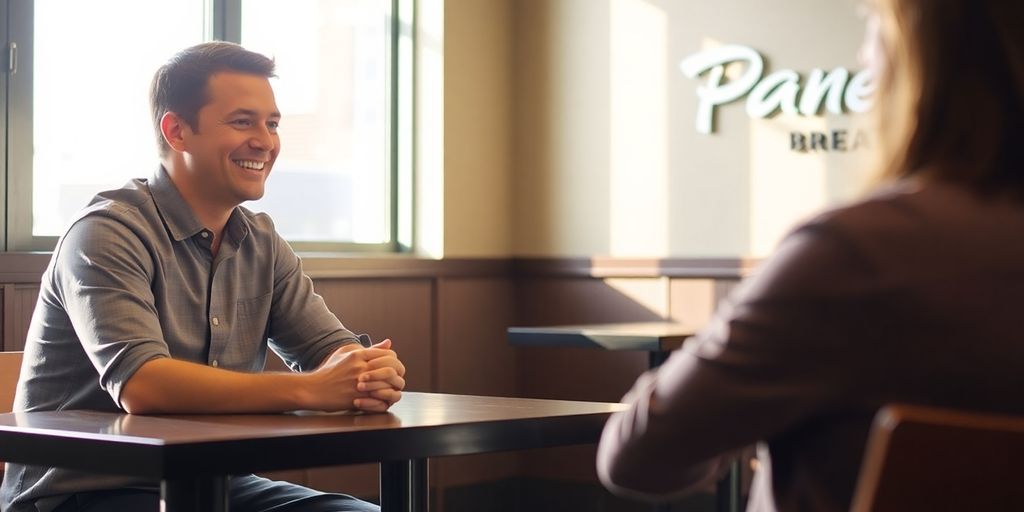 Person confidently interviewing at Panera.