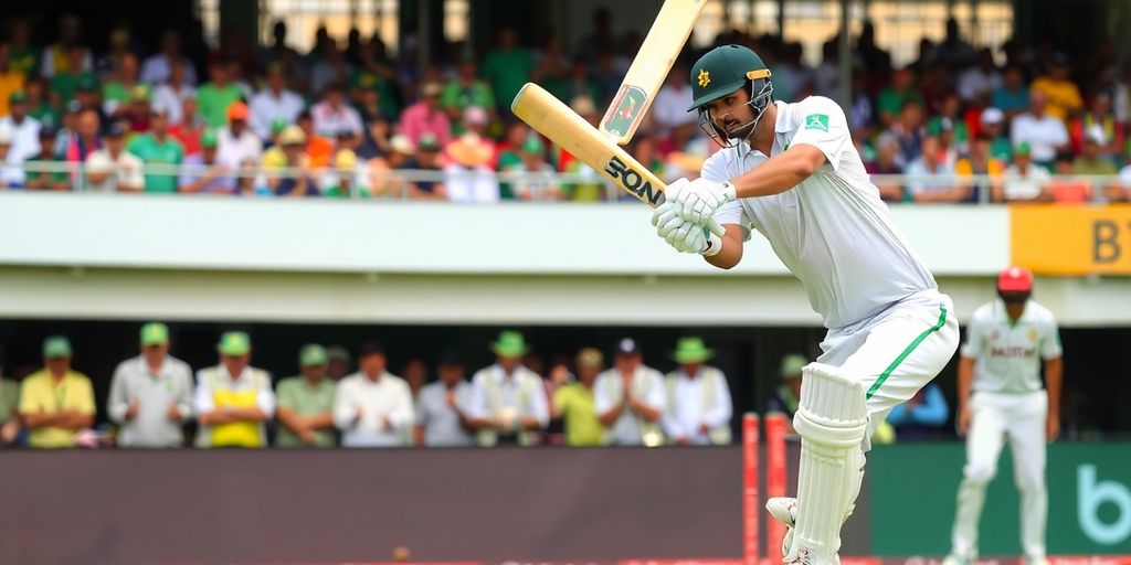 Pakistani batsman in action during a cricket match.