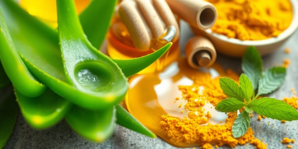 Natural ingredients for clear skin: aloe, honey, turmeric.