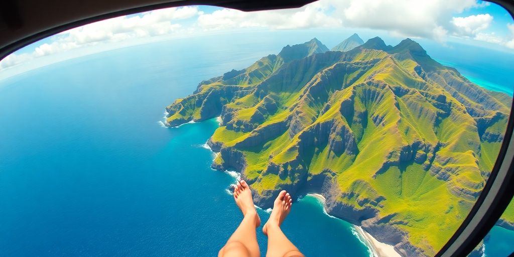 Passenger's feet dangling from a helicopter over Kauai's Na Pali Coast.