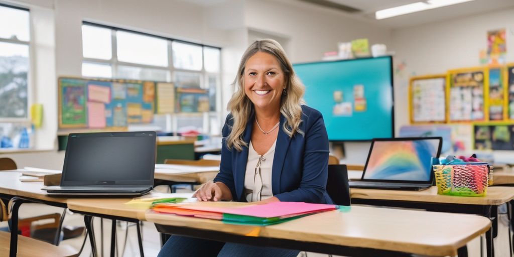 teacher using Canva on computer in classroom