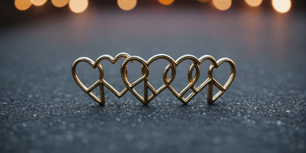 Intertwined hearts with peace symbol representing polyamorous harmony