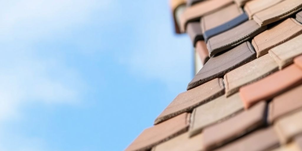 Close-up of roof materials and textures against blue sky.