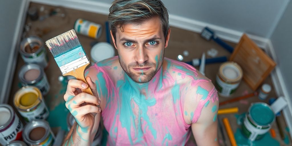 Painter splattered with paint, looking frustrated.