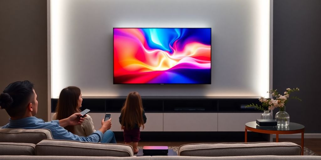Sala moderna con televisor y familia usando mando para streaming IPTV España 2025
