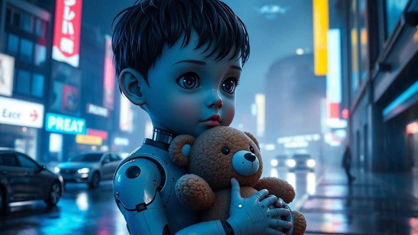 Android boy holding robotic teddy in neon city at night