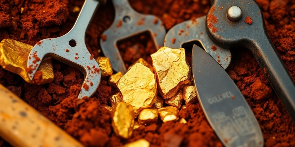Gros plan sur des pépites d'or et outils de mine.