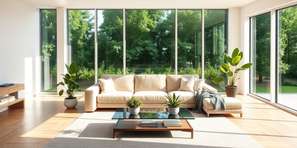 Modern living room, natural light, comfy sofa
