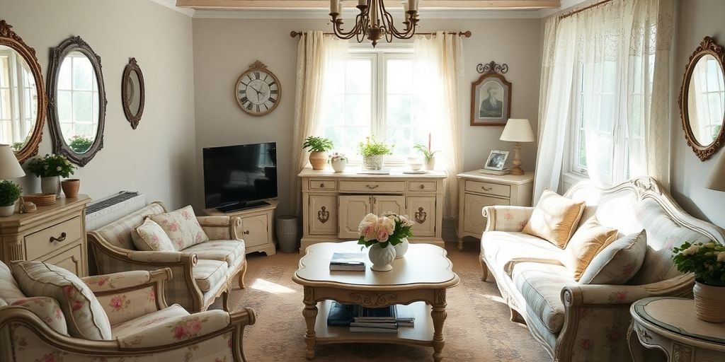 Shabby chic living room with vintage furniture and decor.