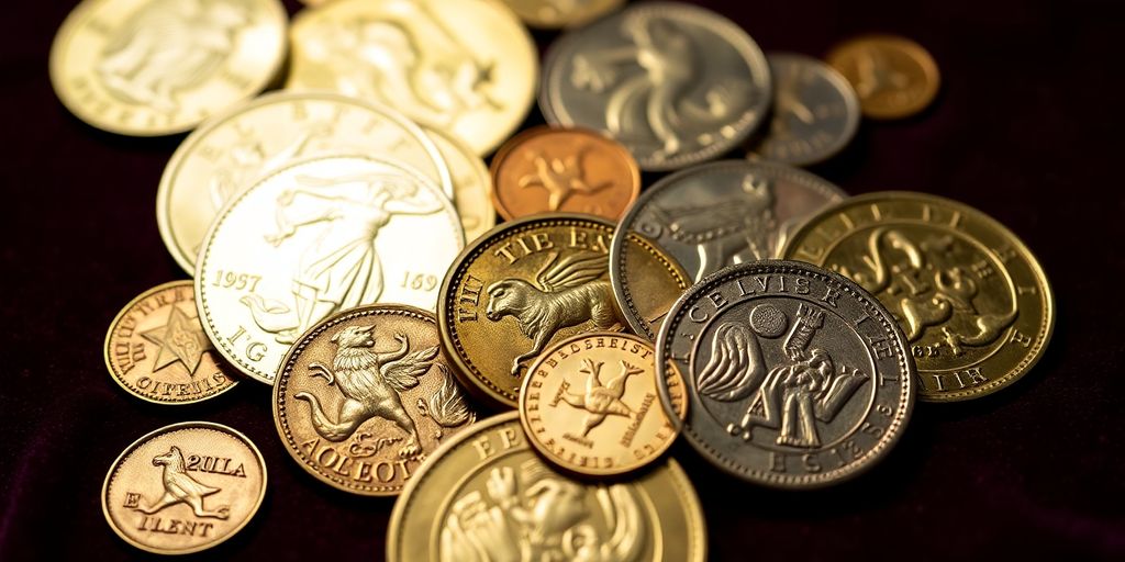 Collection of rare coins on a velvet background.