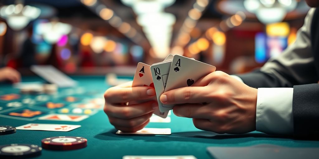 Blackjack player focusing intently on cards.