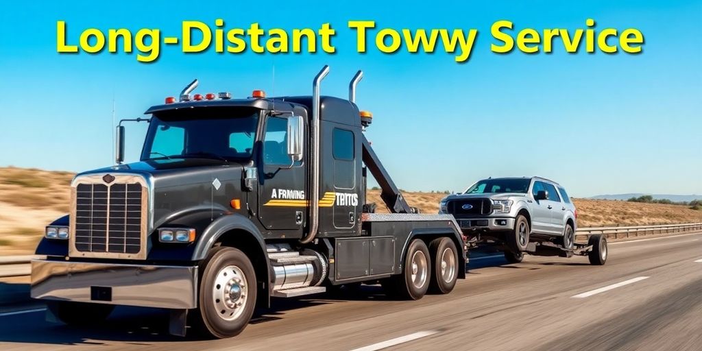 Tow truck helping stranded vehicle on a highway.