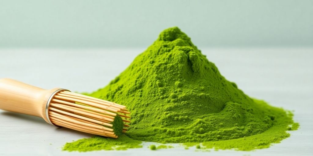Scoop of matcha protein powder with bamboo whisk.