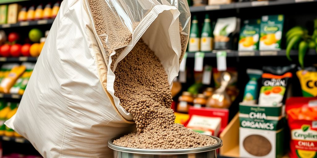 Bulk chia seeds being poured