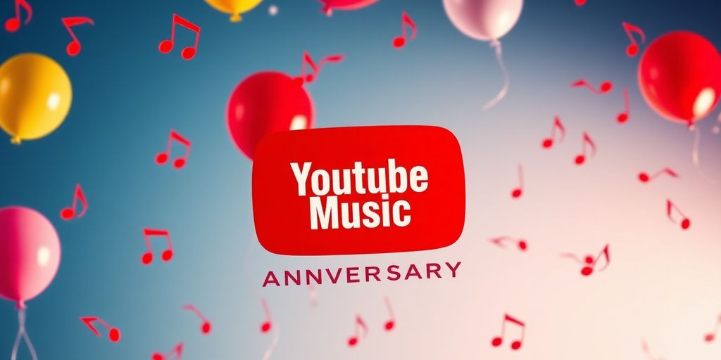Logotipo do YouTube Music com balões comemorativos e notas musicais.